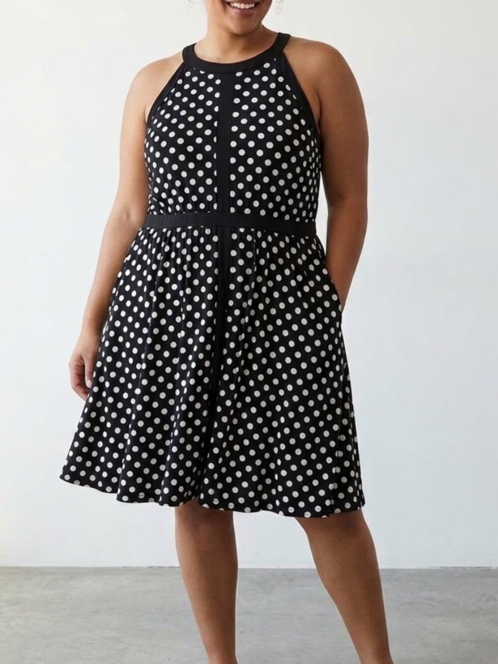 Torrid Polka Dot Halter Black White Swing Dress Plus Size 4/4X Pockets Boho Y2K